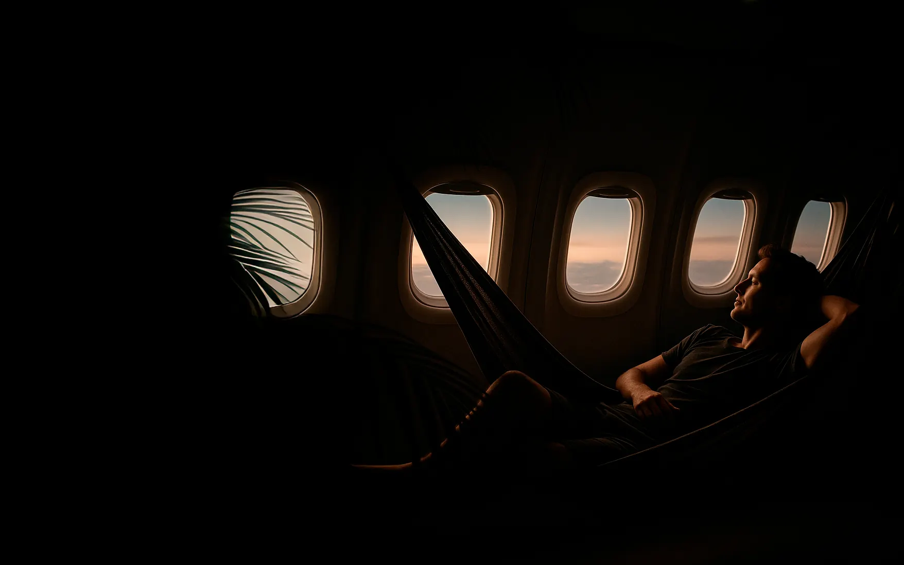 Viajero descansando en un avión al atardecer