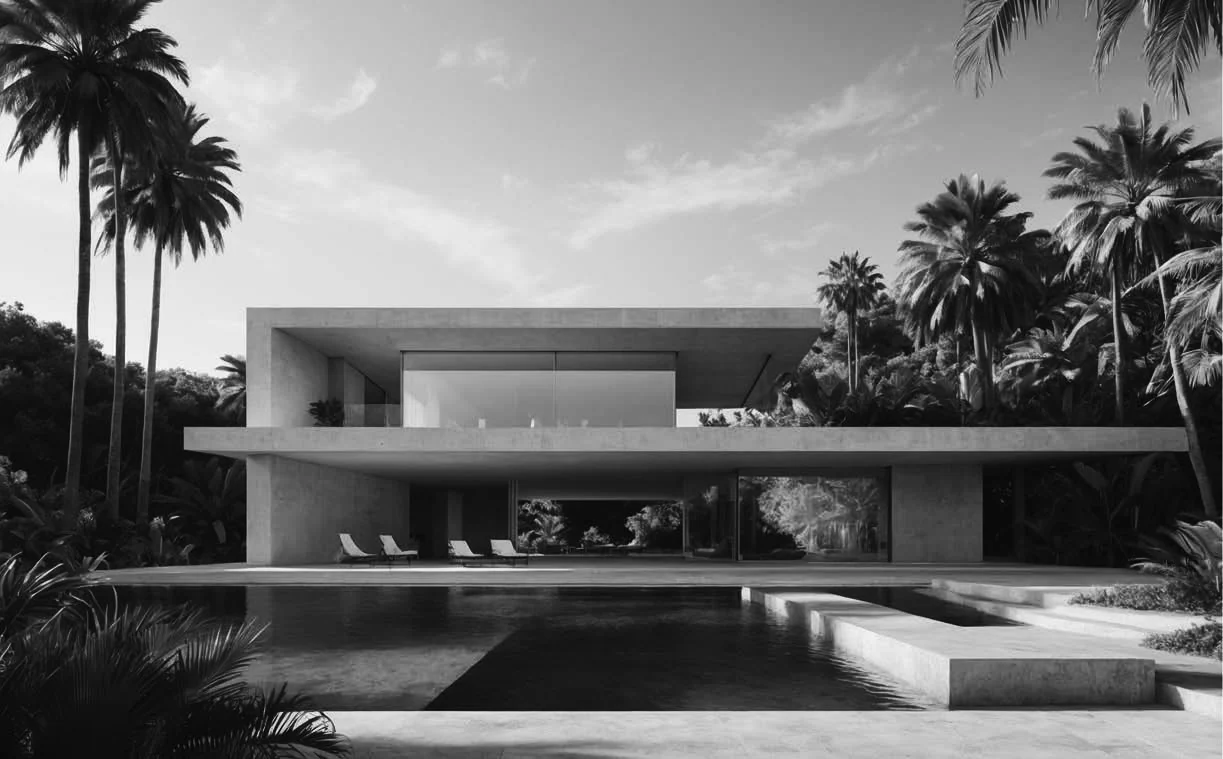 Render de propuesta residencial con alberca y palmeras